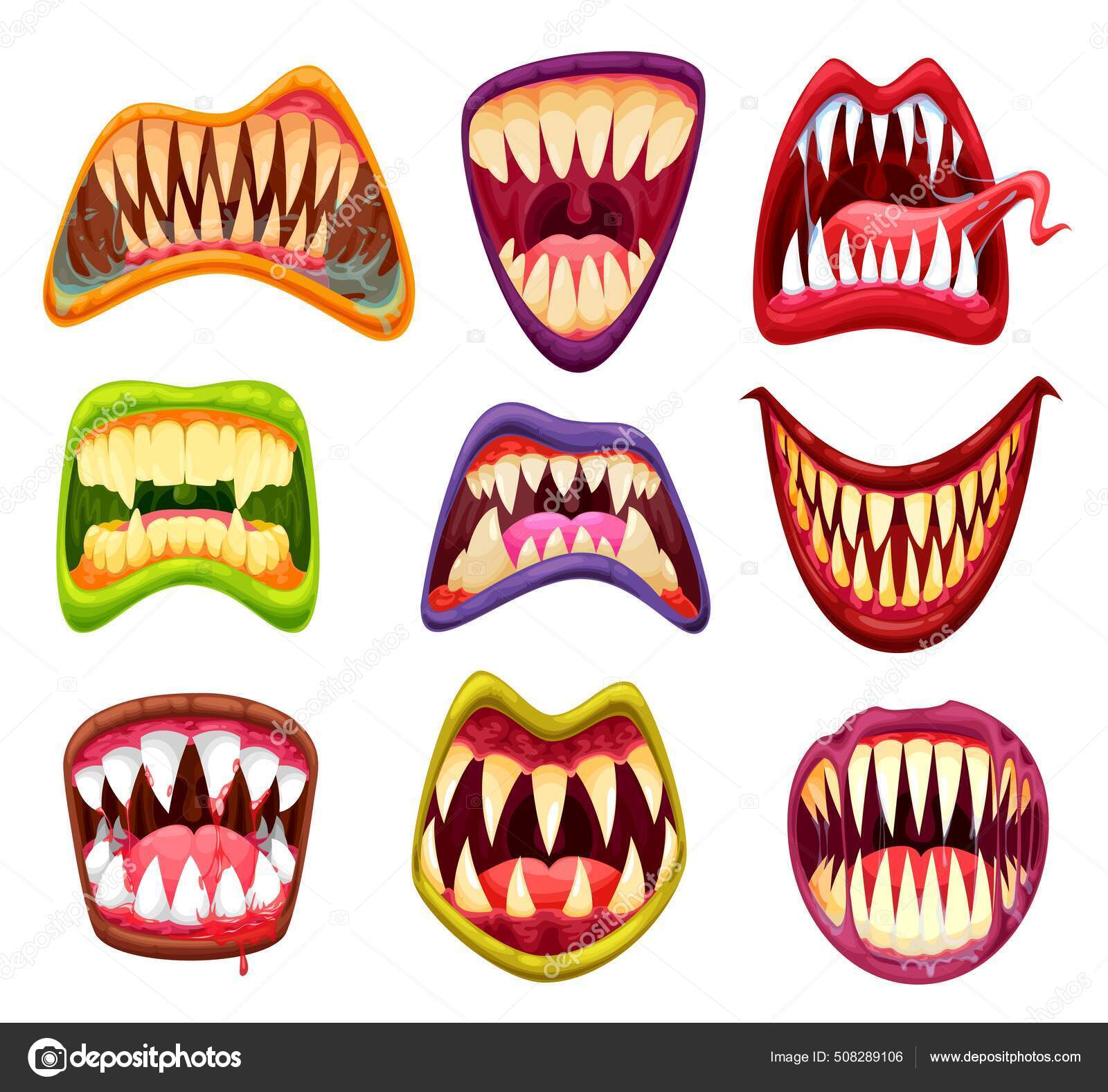 Boca Monstro Mandíbulas Dentes Desenhos Animados Línguas Rostos Halloween  Vetor imagem vetorial de Seamartini© 508289106